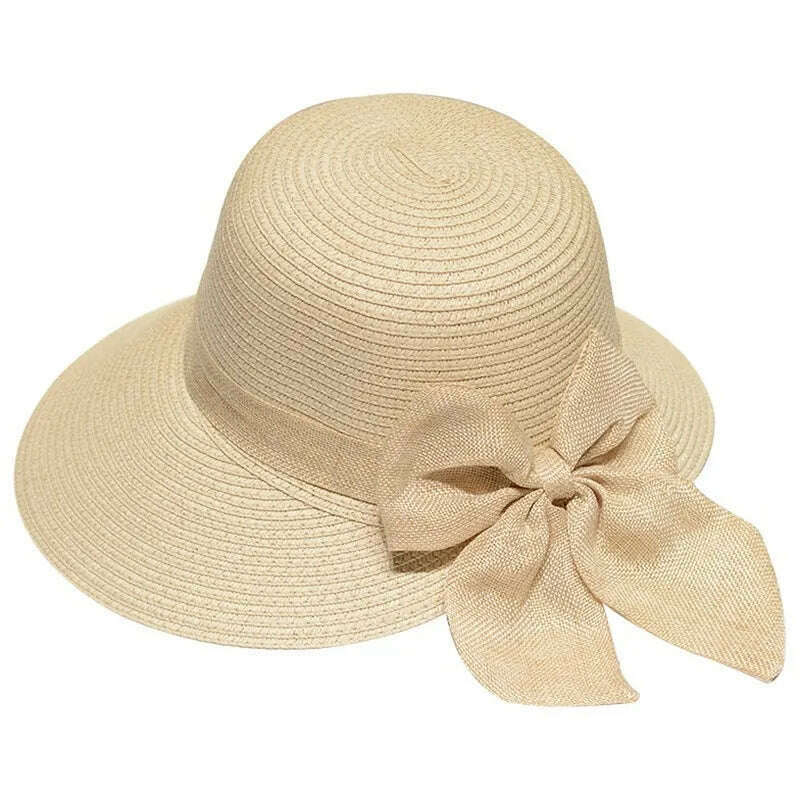 KIMLUD, Lady New Bowknot Straw Hat Adult Summer Sunscreen Leisure Cap Wide Brim Students Fresh Raffia Shading Sun Cap Foldable, KIMLUD Womens Clothes