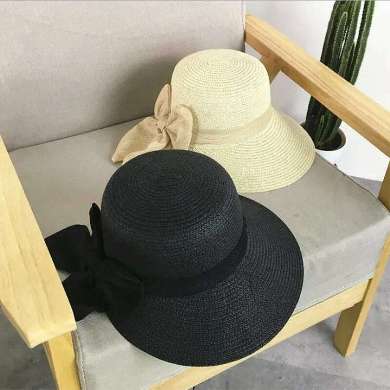 Lady New Bowknot Straw Hat Adult Summer Sunscreen Leisure Cap Wide Brim Students Fresh Raffia Shading Sun Cap Foldable - KIMLUD