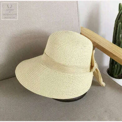 Lady New Bowknot Straw Hat Adult Summer Sunscreen Leisure Cap Wide Brim Students Fresh Raffia Shading Sun Cap Foldable - KIMLUD