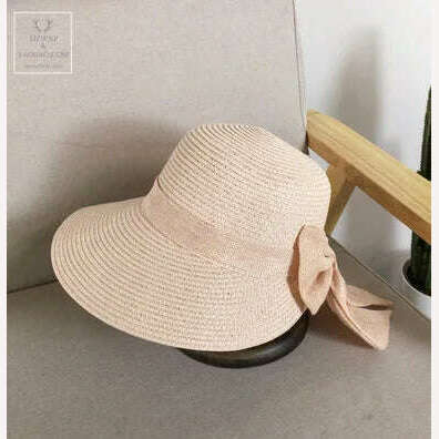 Lady New Bowknot Straw Hat Adult Summer Sunscreen Leisure Cap Wide Brim Students Fresh Raffia Shading Sun Cap Foldable - KIMLUD