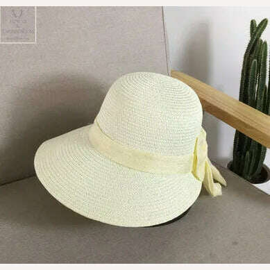 Lady New Bowknot Straw Hat Adult Summer Sunscreen Leisure Cap Wide Brim Students Fresh Raffia Shading Sun Cap Foldable - KIMLUD