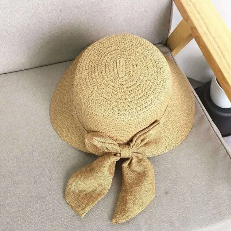 Lady New Bowknot Straw Hat Adult Summer Sunscreen Leisure Cap Wide Brim Students Fresh Raffia Shading Sun Cap Foldable - KIMLUD