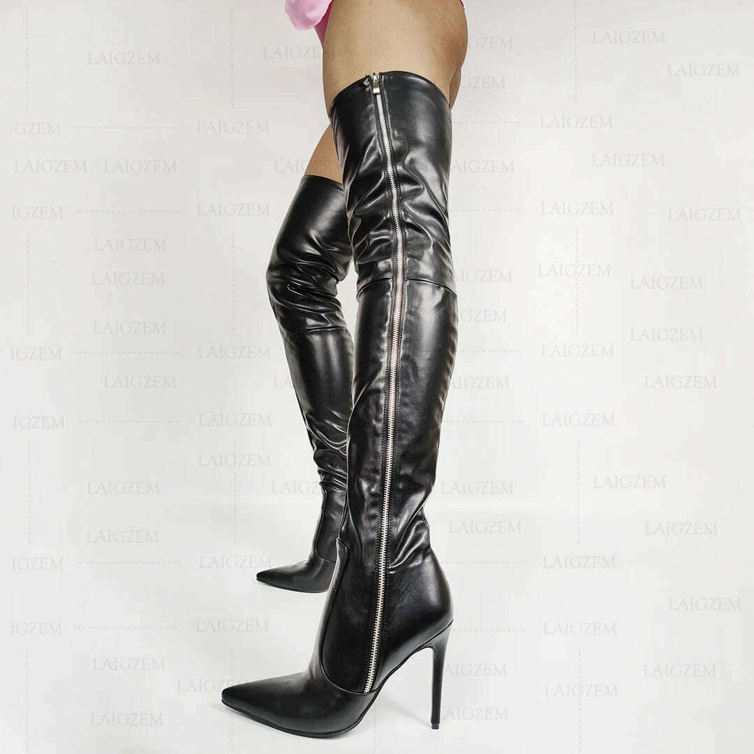 KIMLUD, LAIGZEM SUPER Women Boots Thigh High Boots Metal Zipper Stiletto Heels Ladies Shoes Woman Botines Botas Large Size 38 43 44 47, LGZ1427 Black / 12, KIMLUD APPAREL - Womens Clothes