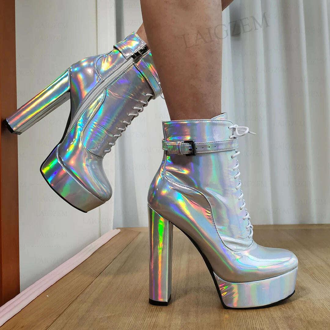 KIMLUD, LAIGZEM Women Ankle Boots Platform Zip Up Thick High Heels Shiny Short Booties Ladies Handmade Shoes Woman Large Size 41 46 52, KIMLUD Womens Clothes