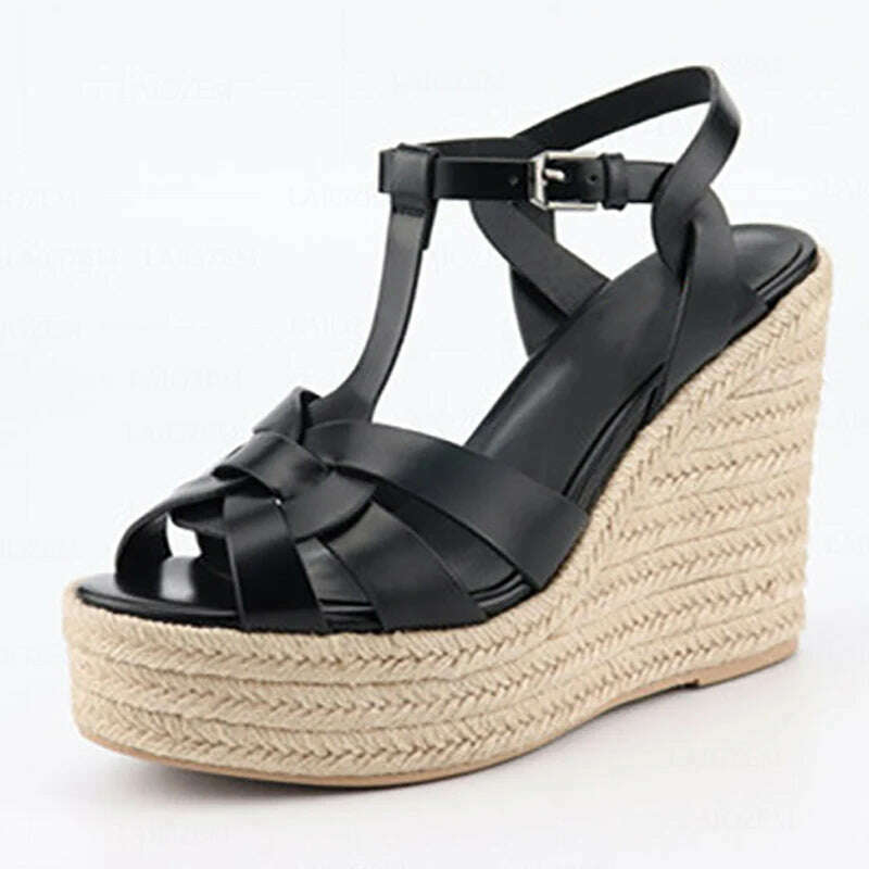 KIMLUD, LAIGZEM Women Platform Wedges Sandals Strappy High Heels Pumps Handmade Summer Height Increase Shoes Woman Big Size 38 40 42 43, LGZ2521 Black / 12, KIMLUD APPAREL - Womens Clothes