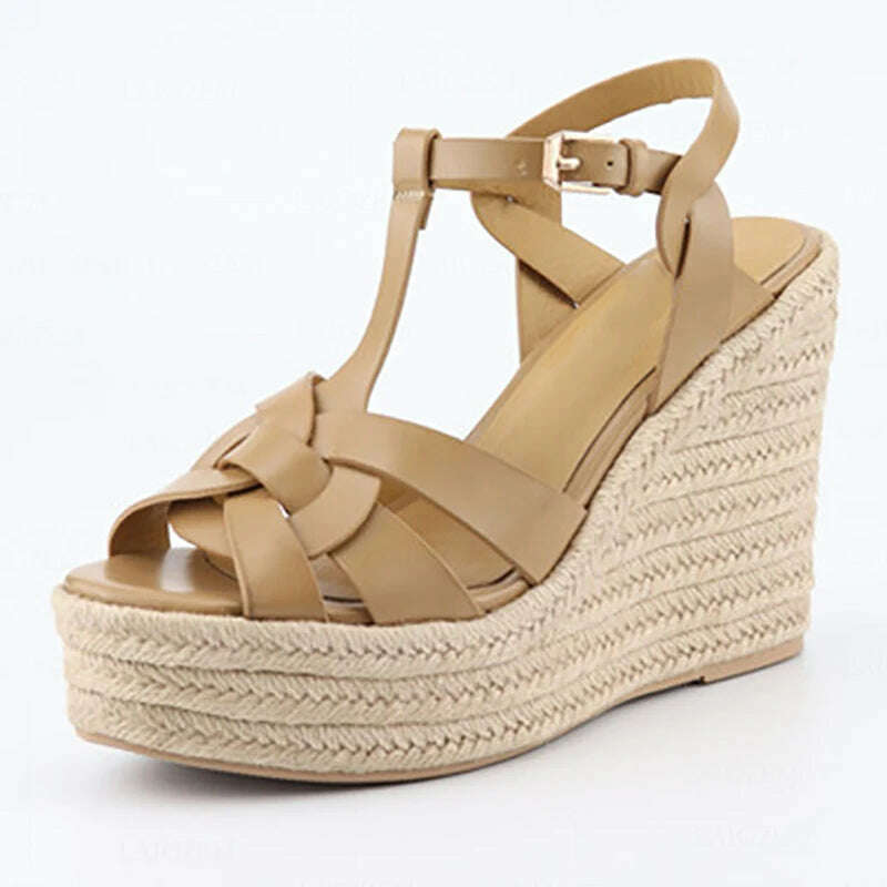KIMLUD, LAIGZEM Women Platform Wedges Sandals Strappy High Heels Pumps Handmade Summer Height Increase Shoes Woman Big Size 38 40 42 43, LGZ2521 Nude / 7, KIMLUD APPAREL - Womens Clothes