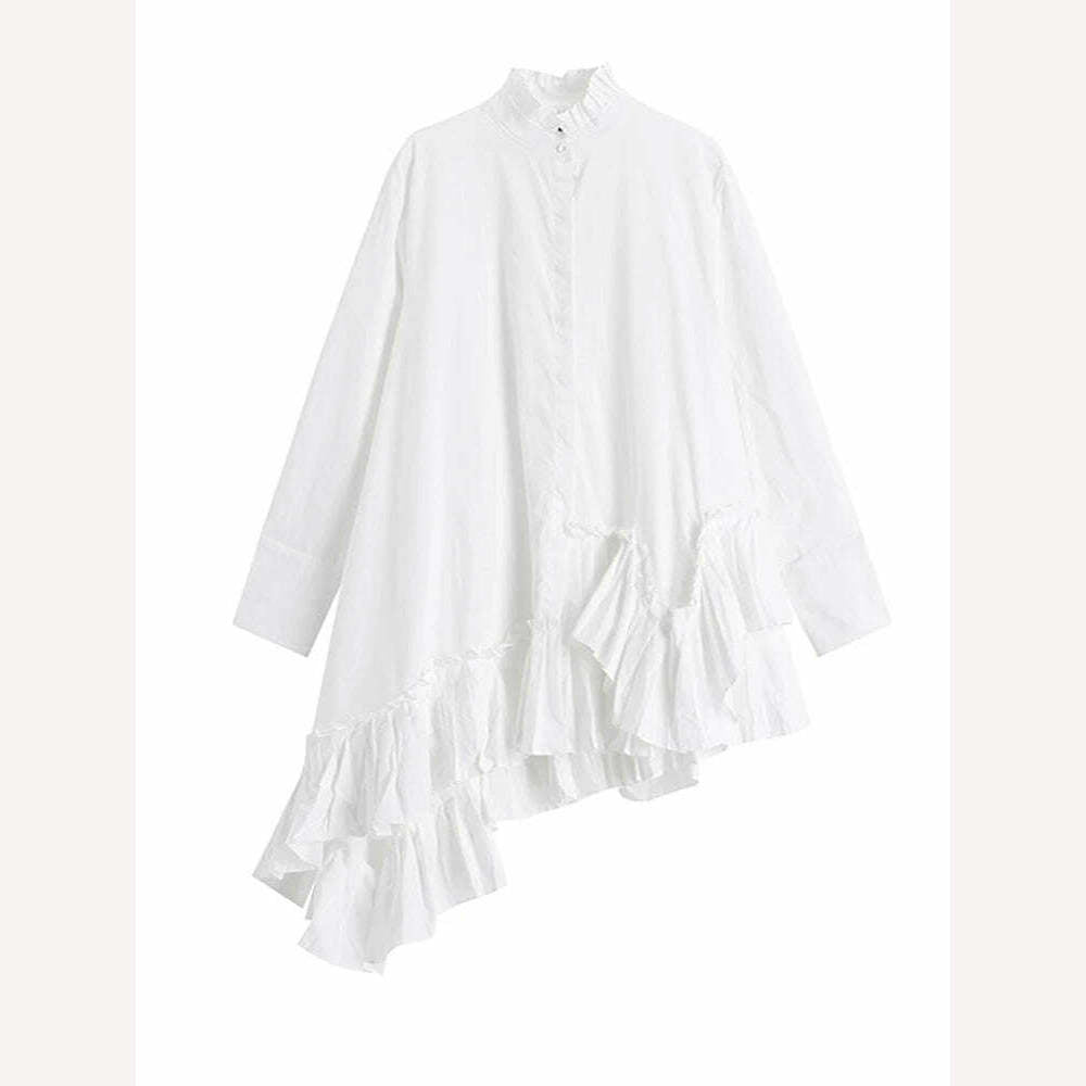 KIMLUD, LANMREM Fashion Solid Dress For Women Irregular Ruffles Patchwork Long Sleeves Single Breasted Dresses 2023 Autumn New 2AA1136, white / One Size, KIMLUD APPAREL - Womens Clothes