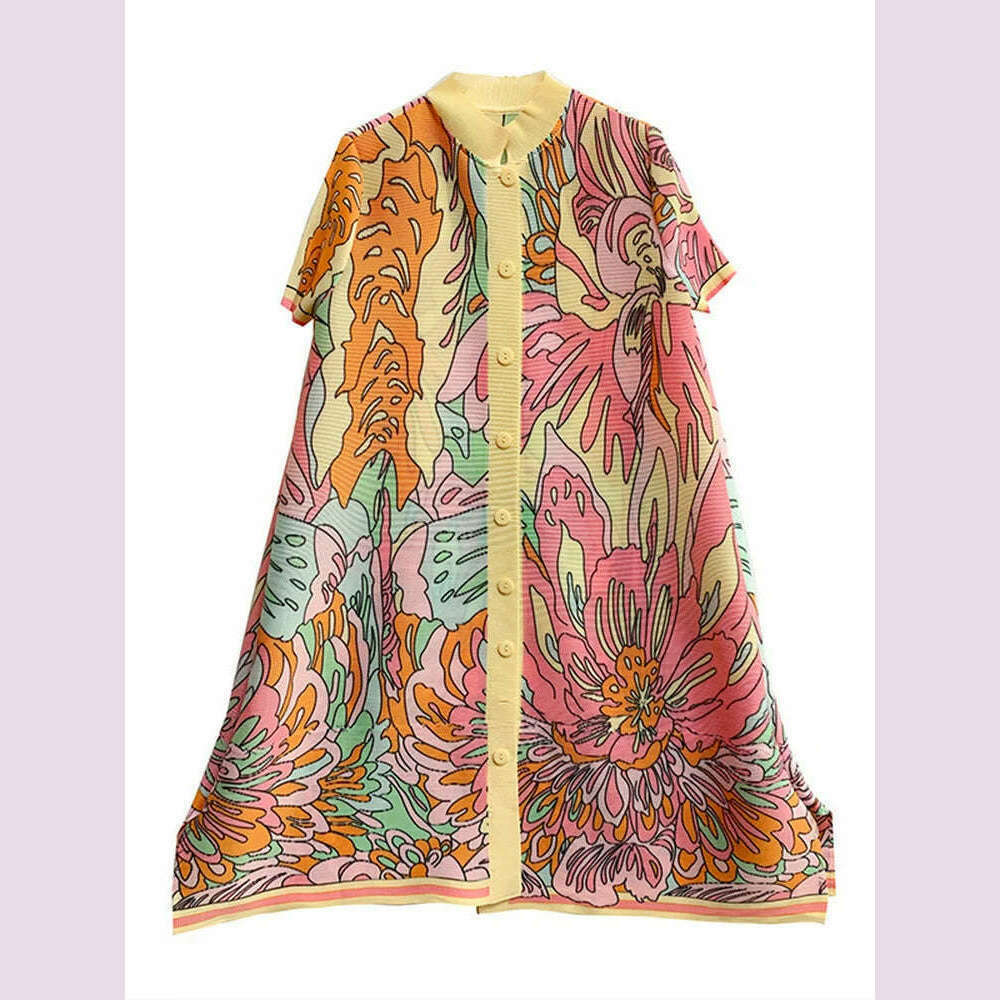 KIMLUD, LANMREM Pleated Dress Women Printed Short Sleeves Single Breasted Loose Fashion Dresses Female Elegant 2024 New 2R4616, KIMLUD Womens Clothes