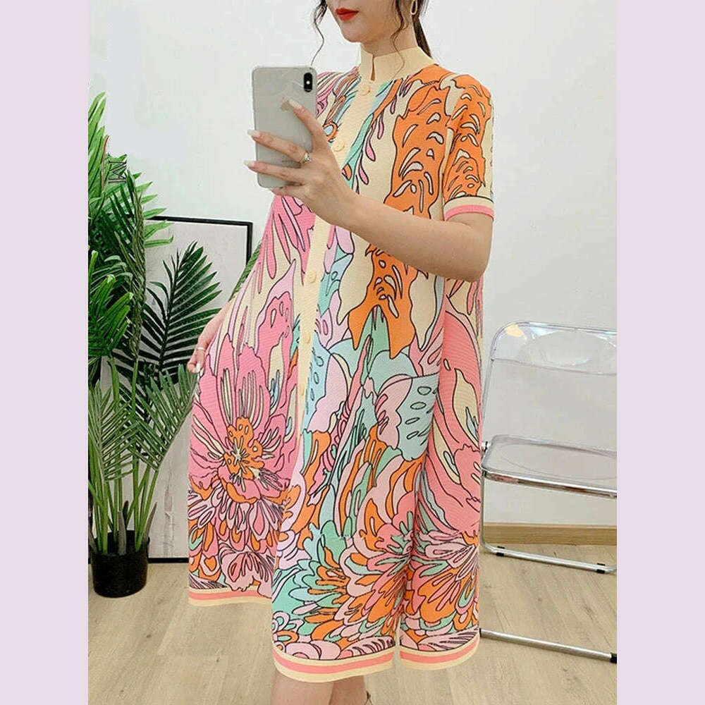 KIMLUD, LANMREM Pleated Dress Women Printed Short Sleeves Single Breasted Loose Fashion Dresses Female Elegant 2024 New 2R4616, KIMLUD Womens Clothes