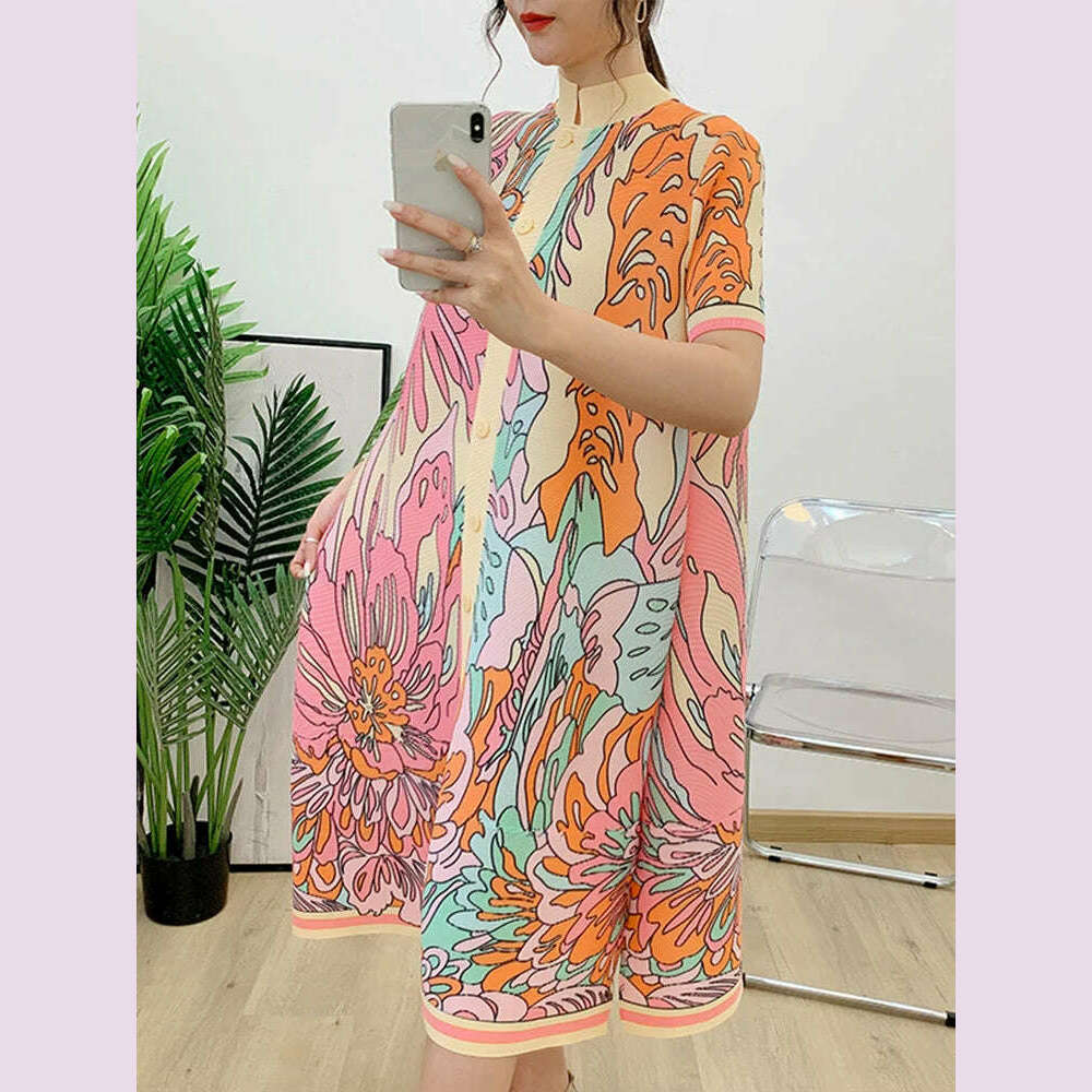 KIMLUD, LANMREM Pleated Dress Women Printed Short Sleeves Single Breasted Loose Fashion Dresses Female Elegant 2024 New 2R4616, Pink / One Size, KIMLUD APPAREL - Womens Clothes