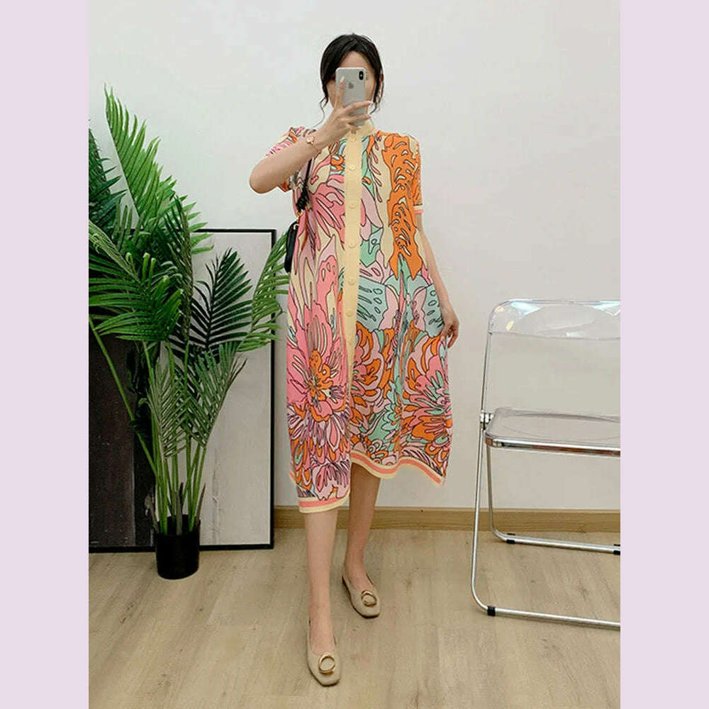 KIMLUD, LANMREM Pleated Dress Women Printed Short Sleeves Single Breasted Loose Fashion Dresses Female Elegant 2024 New 2R4616, KIMLUD Womens Clothes