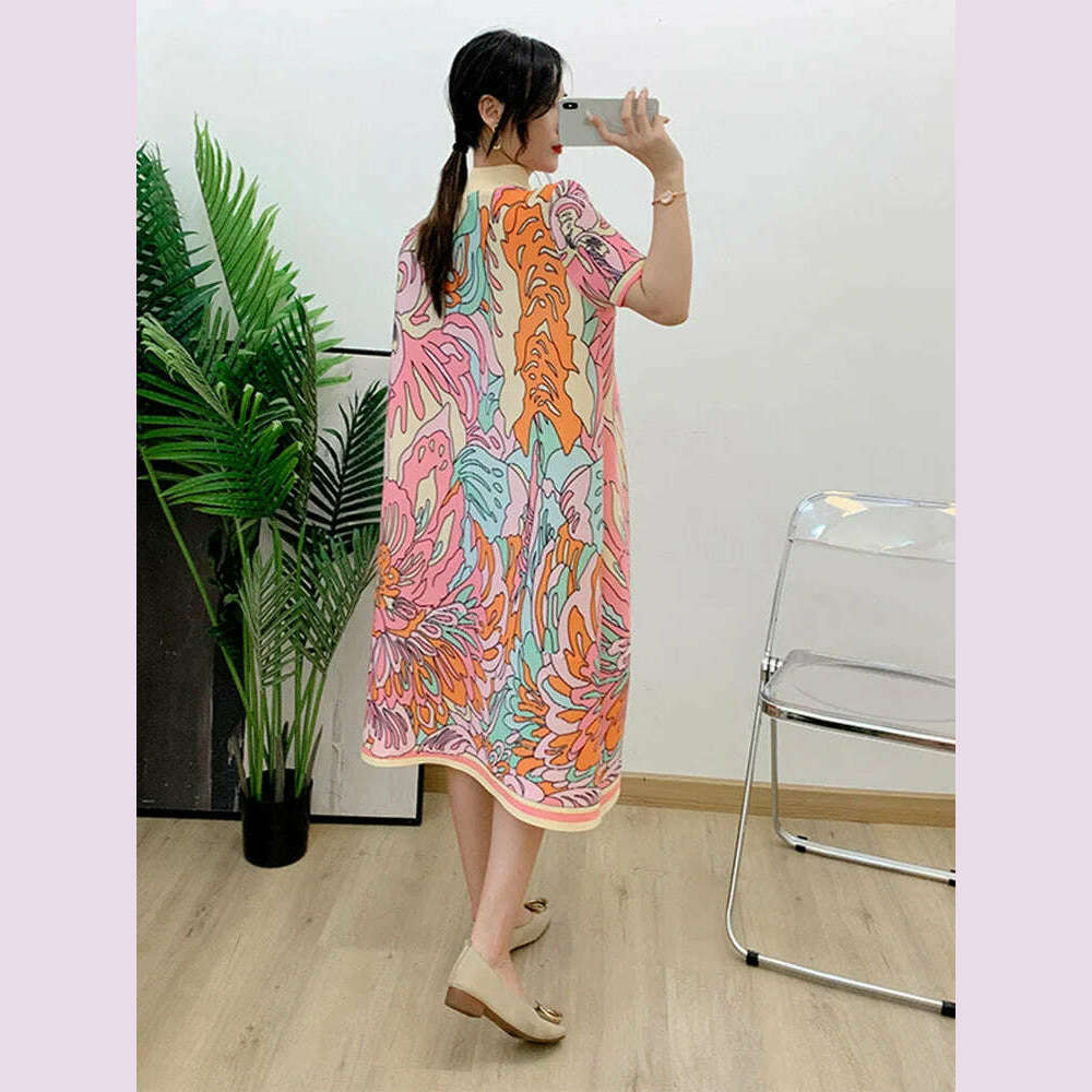 KIMLUD, LANMREM Pleated Dress Women Printed Short Sleeves Single Breasted Loose Fashion Dresses Female Elegant 2024 New 2R4616, KIMLUD Womens Clothes
