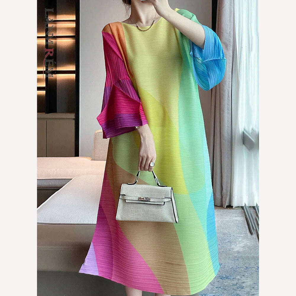 KIMLUD, LANMREM Women Colorful Print Pleated Dress Casual Round Neck Flare Sleeves Loose A-line Dresses Fashion 2023 Autumn New 2AA3008, KIMLUD Womens Clothes