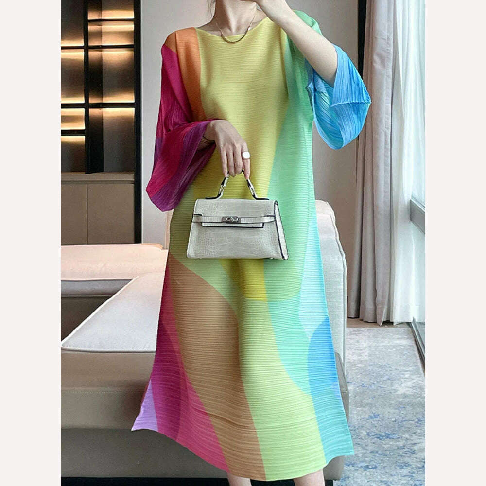 KIMLUD, LANMREM Women Colorful Print Pleated Dress Casual Round Neck Flare Sleeves Loose A-line Dresses Fashion 2023 Autumn New 2AA3008, KIMLUD Womens Clothes