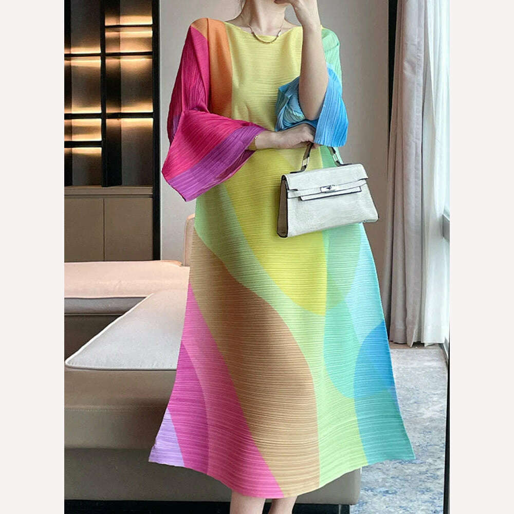 KIMLUD, LANMREM Women Colorful Print Pleated Dress Casual Round Neck Flare Sleeves Loose A-line Dresses Fashion 2023 Autumn New 2AA3008, KIMLUD Womens Clothes