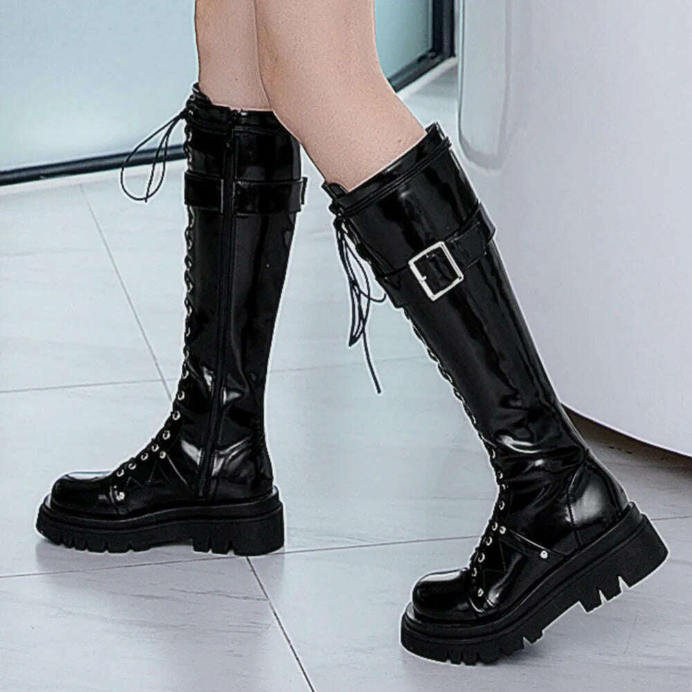 KIMLUD, Lapolaka 2023 Big Size 34-43 Good Quality Buckle Decor Lace-up Front Zipper Side Combat Woman Boots, black / 4, KIMLUD APPAREL - Womens Clothes