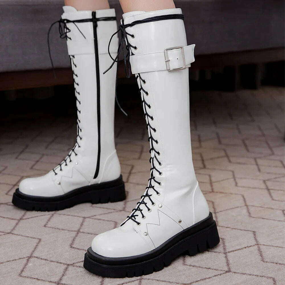 KIMLUD, Lapolaka 2023 Big Size 34-43 Good Quality Buckle Decor Lace-up Front Zipper Side Combat Woman Boots, White / 4, KIMLUD APPAREL - Womens Clothes