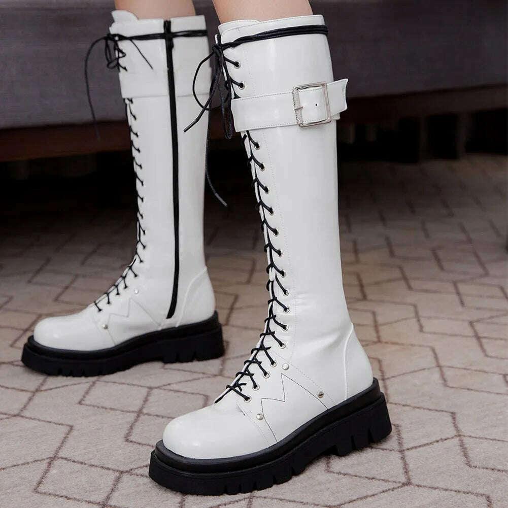 KIMLUD, Lapolaka 2023 Big Size 34-43 Good Quality Buckle Decor Lace-up Front Zipper Side Combat Woman Boots, KIMLUD Womens Clothes