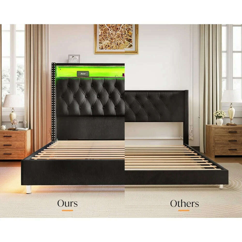 KIMLUD, Large Bed Frame 53.6 Inches High Headboard with LED Lights and Charging Station, Velvet High Cushion, KIMLUD Womens Clothes
