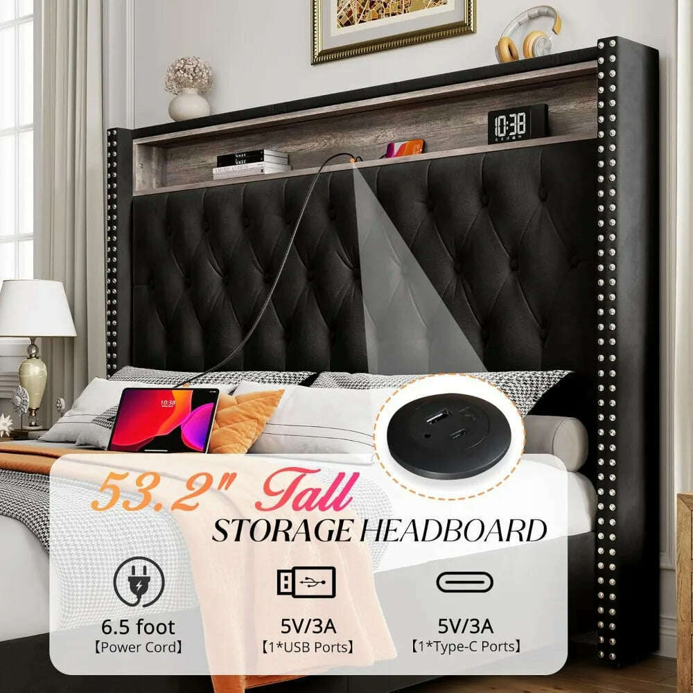 KIMLUD, Large Bed Frame 53.6 Inches High Headboard with LED Lights and Charging Station, Velvet High Cushion, KIMLUD Womens Clothes