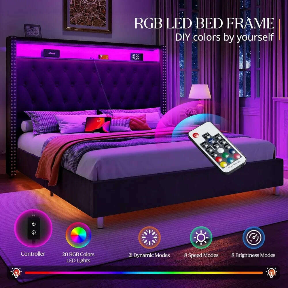 KIMLUD, Large Bed Frame 53.6 Inches High Headboard with LED Lights and Charging Station, Velvet High Cushion, KIMLUD Womens Clothes
