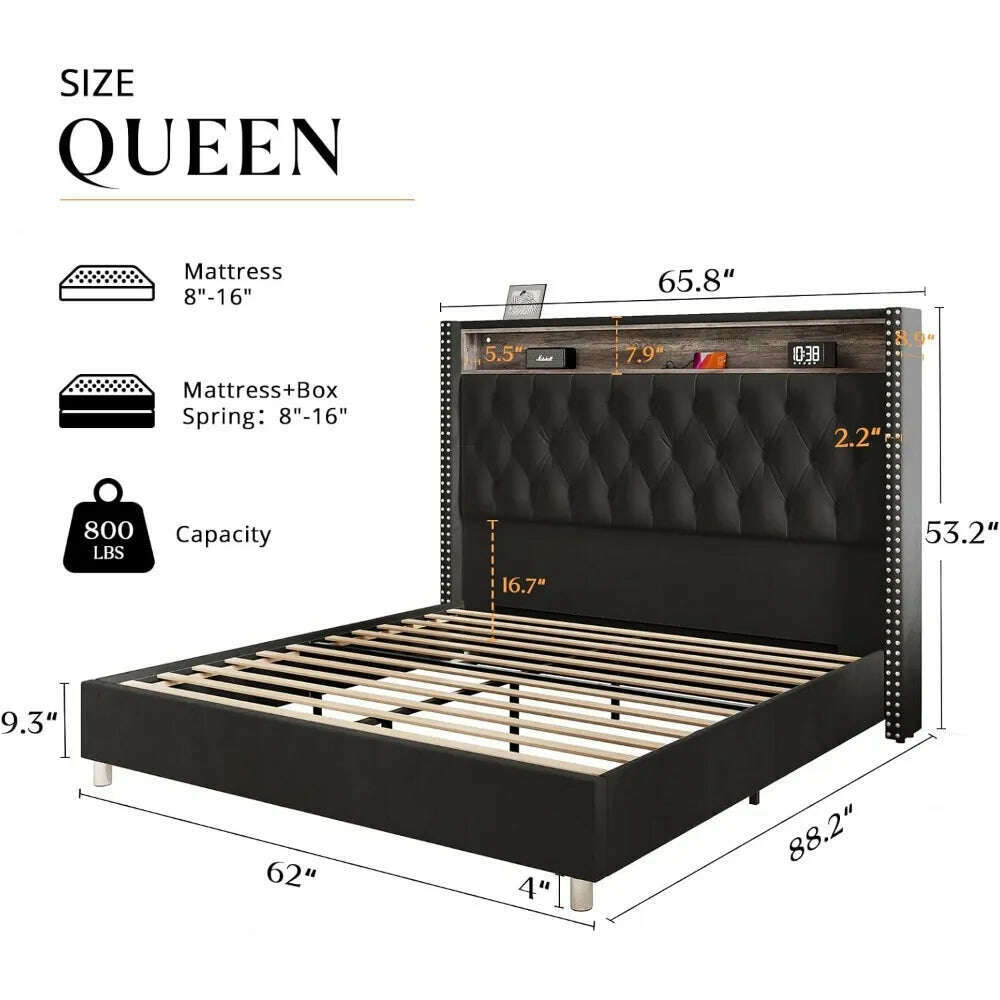 KIMLUD, Large Bed Frame 53.6 Inches High Headboard with LED Lights and Charging Station, Velvet High Cushion, KIMLUD Womens Clothes