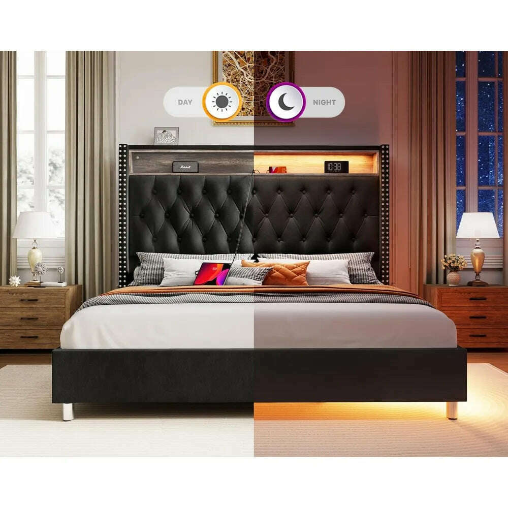KIMLUD, Large Bed Frame 53.6 Inches High Headboard with LED Lights and Charging Station, Velvet High Cushion, KIMLUD Womens Clothes