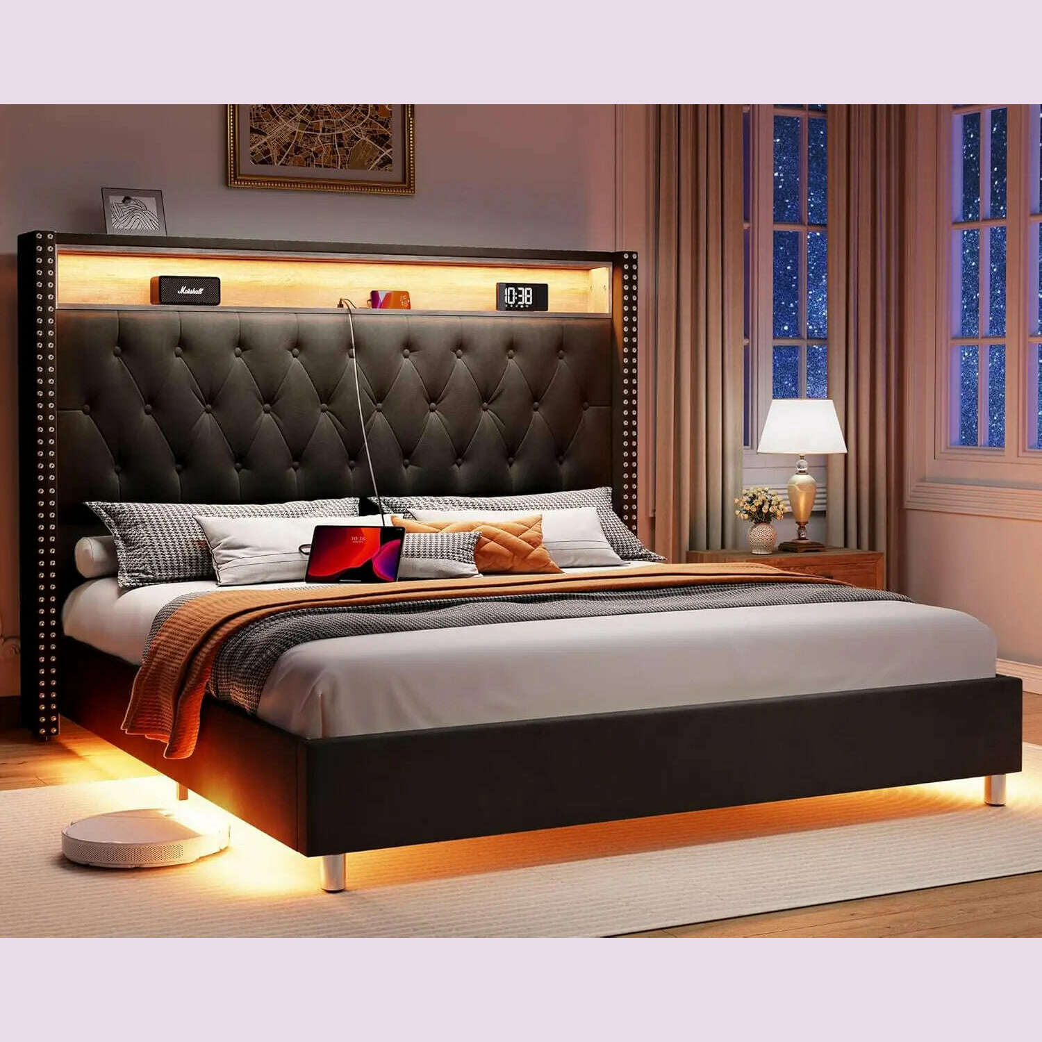 KIMLUD, Large Bed Frame 53.6 Inches High Headboard with LED Lights and Charging Station, Velvet High Cushion, Light Black / United States / Queen, KIMLUD APPAREL - Womens Clothes