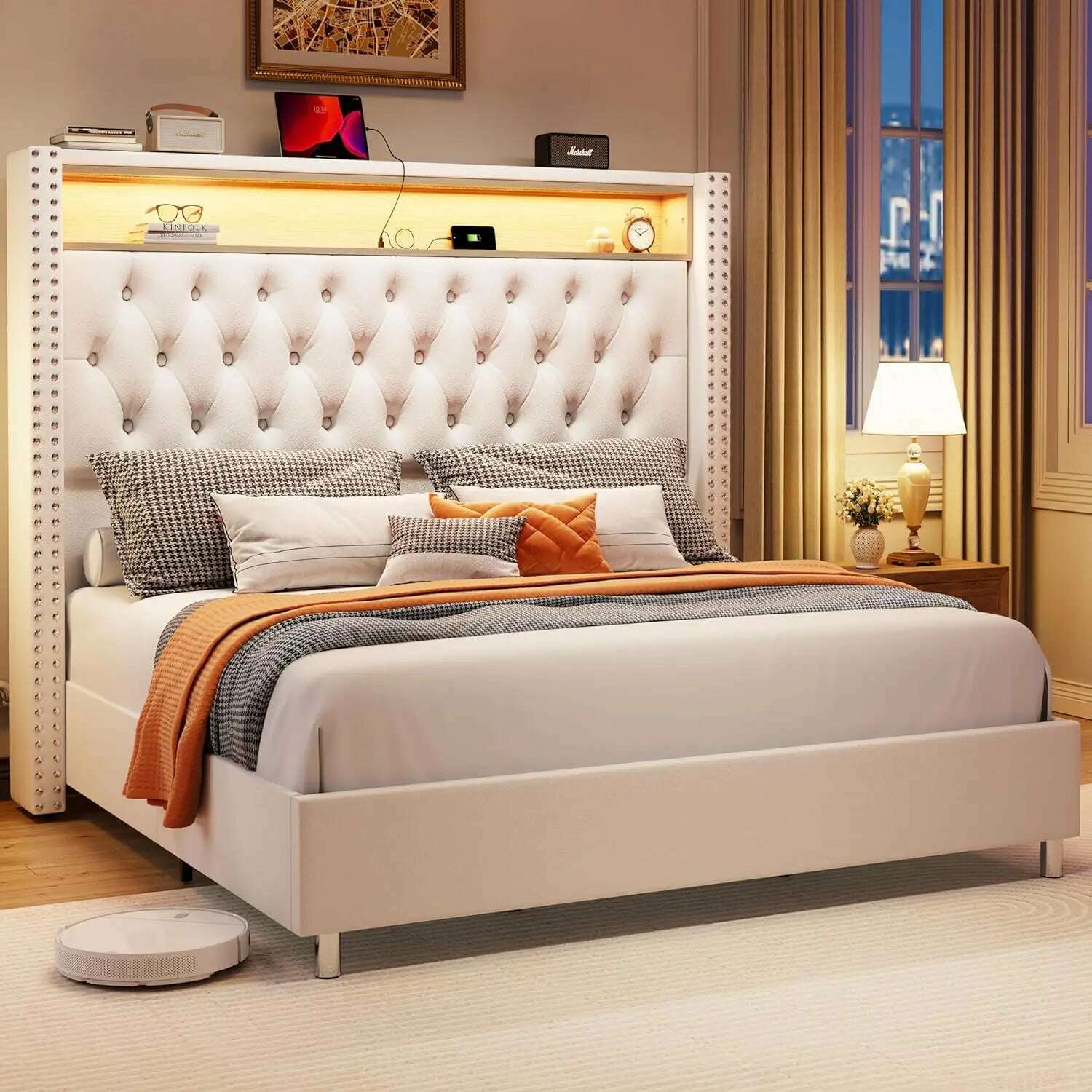 KIMLUD, Large Bed Frame 53.6 Inches High Headboard with LED Lights and Charging Station, Velvet High Cushion, Cream / United States / Queen, KIMLUD APPAREL - Womens Clothes