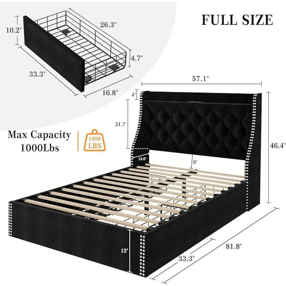 KIMLUD, Large Bed Frame with 4 Storage Drawers and Storage Headboard Equipped with Charging Station Diamond Sewn Button Tufted Design, KIMLUD Womens Clothes
