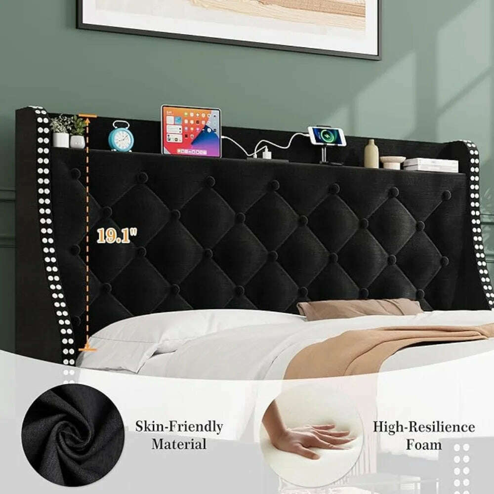 KIMLUD, Large Bed Frame with 4 Storage Drawers and Storage Headboard Equipped with Charging Station Diamond Sewn Button Tufted Design, KIMLUD Womens Clothes
