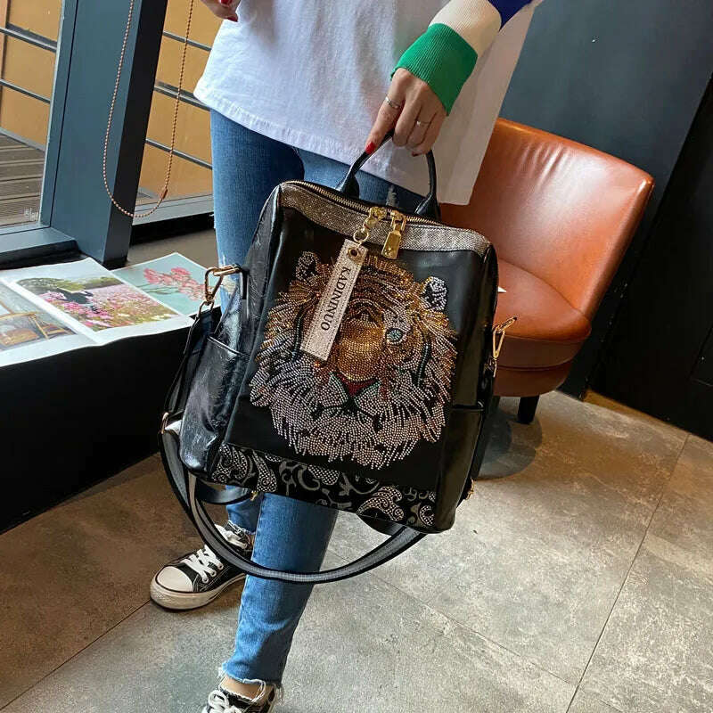 Large Capacity Backpack for Women Real Leather Mochila Hombre Animal Print Big School Bags for Girls Travel Bagpack - KIMLUD