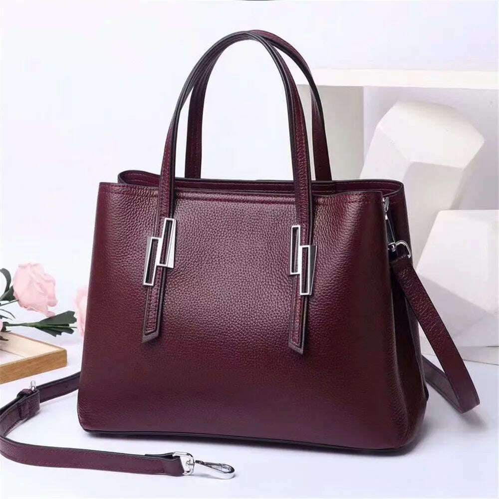 KIMLUD, Large Capacity Cowhide Handbags for Women Casual Genuine Leather Bag Luxury Designer Female Tote Bags, wine red bag, KIMLUD APPAREL - Womens Clothes