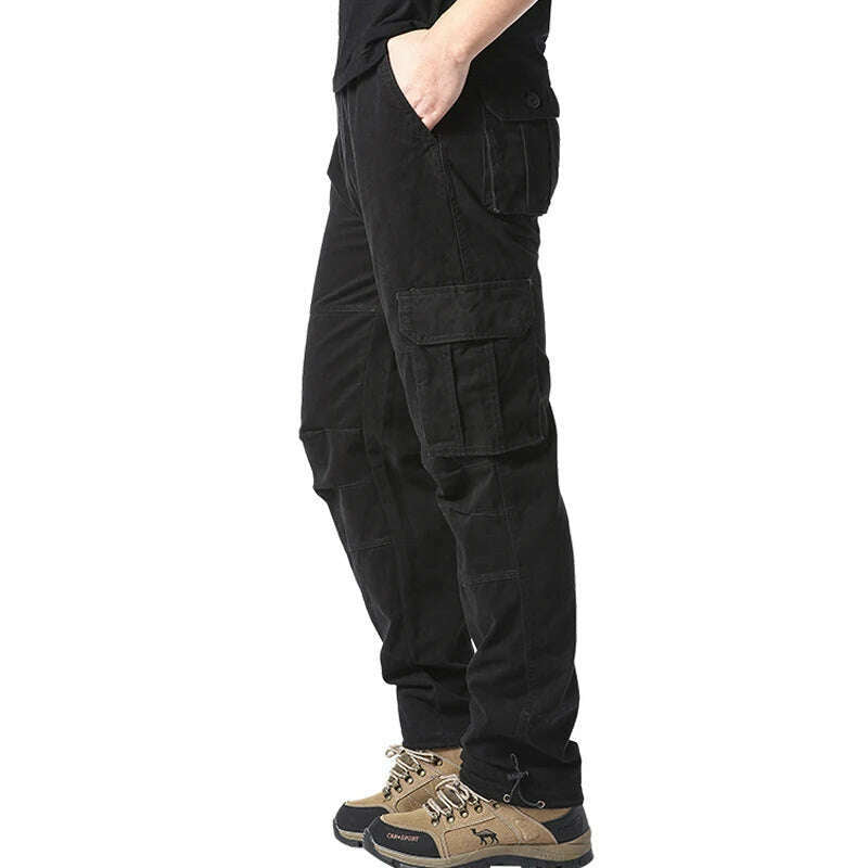 Large Pocket Loose Overalls Men's Outdoor Sports Jogging Tactical Pants Elastic Waist Pure Cotton Casual Work Pants - KIMLUD