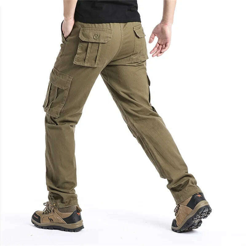 Large Pocket Loose Overalls Men's Outdoor Sports Jogging Tactical Pants Elastic Waist Pure Cotton Casual Work Pants - KIMLUD
