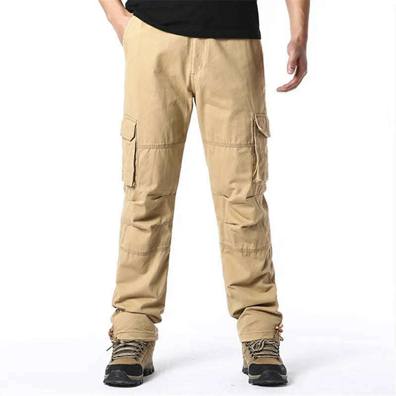 Large Pocket Loose Overalls Men's Outdoor Sports Jogging Tactical Pants Elastic Waist Pure Cotton Casual Work Pants - KIMLUD