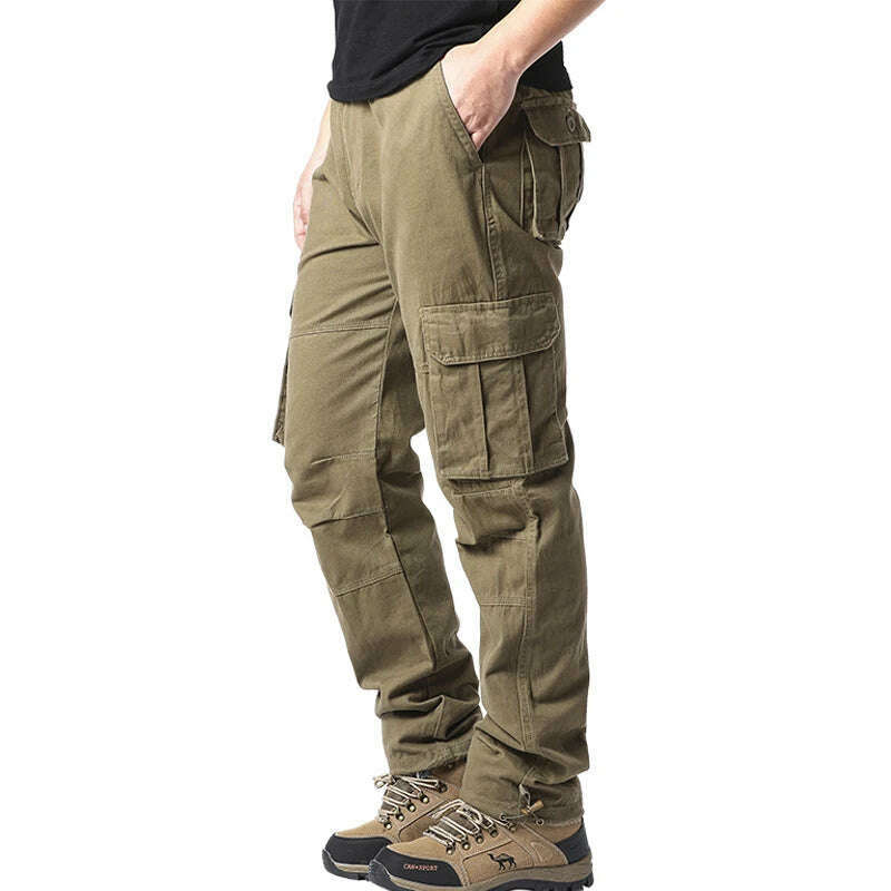 Large Pocket Loose Overalls Men's Outdoor Sports Jogging Tactical Pants Elastic Waist Pure Cotton Casual Work Pants - KIMLUD