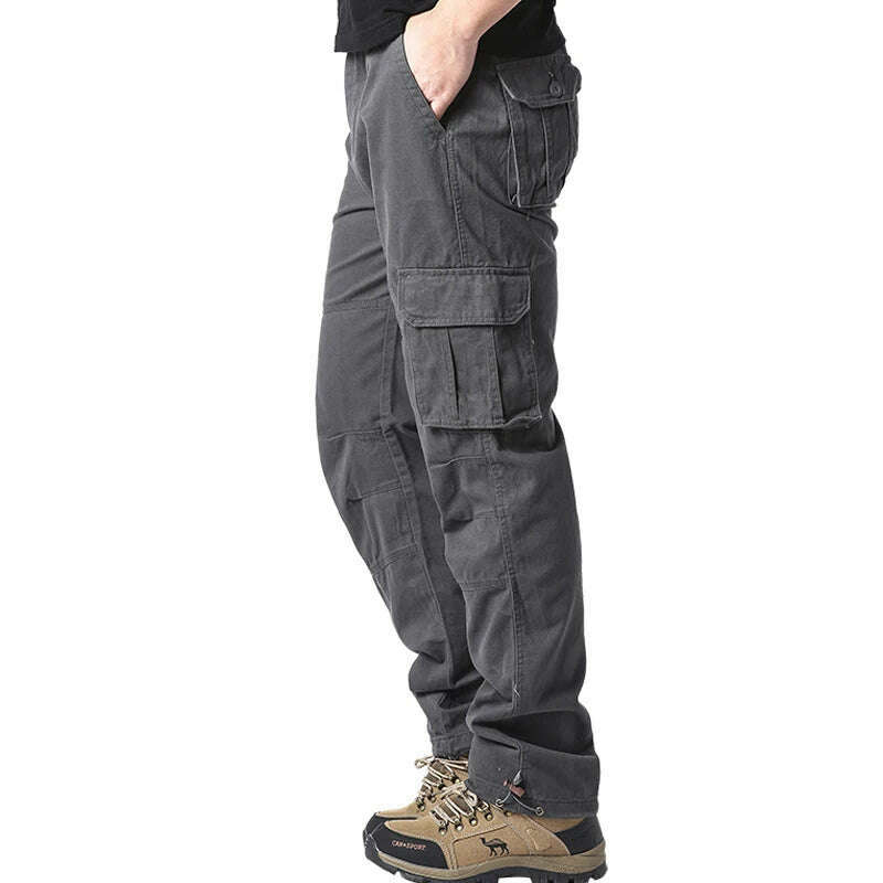 Large Pocket Loose Overalls Men's Outdoor Sports Jogging Tactical Pants Elastic Waist Pure Cotton Casual Work Pants - KIMLUD