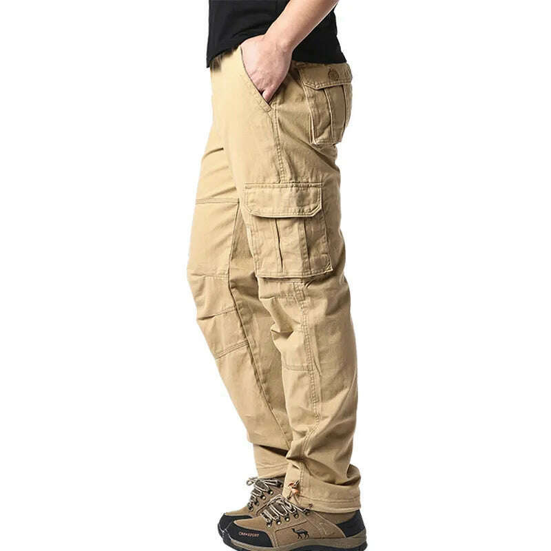 Large Pocket Loose Overalls Men's Outdoor Sports Jogging Tactical Pants Elastic Waist Pure Cotton Casual Work Pants - KIMLUD