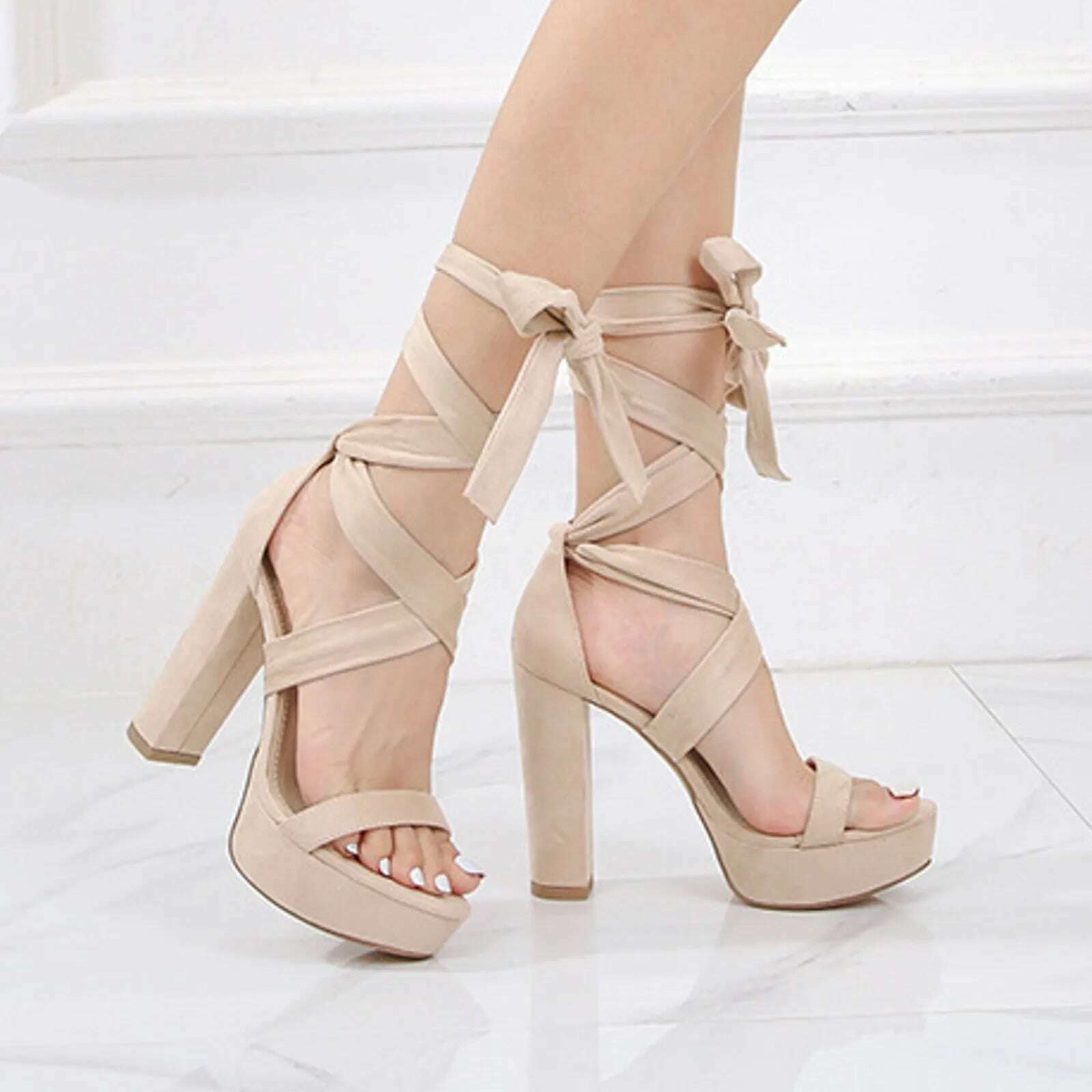 KIMLUD, Large Size Bandage Shoes New Suede Strap High Heels Women'S Footwear Solid Fish Mouth Platform Bag Heel Thick Heel Sandals, Beige / 37 / CHINA, KIMLUD APPAREL - Womens Clothes