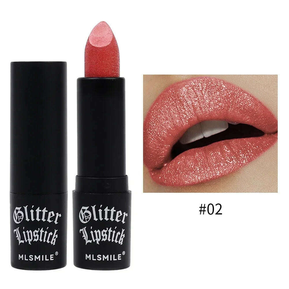 KIMLUD, Lasting Shiny Lipstick Diamond Glitter Waterproof Sexy Red Black Lip Tint Lipsticks Non-stick Cup Pearlescent Makeup Cosmetics, 02, KIMLUD APPAREL - Womens Clothes