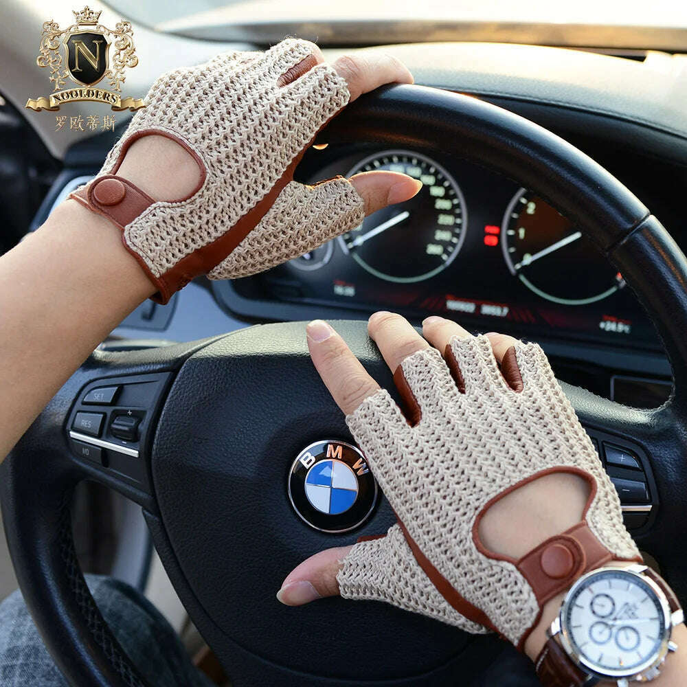 Latest Man Locomotive Half Finger Sheepskin Gloves Knitted + Leather Driving Gloves Male Semi-Finger Fitness Gloves M-61 - KIMLUD