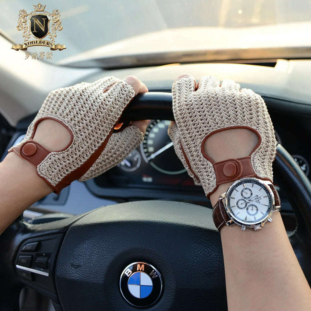Latest Man Locomotive Half Finger Sheepskin Gloves Knitted + Leather Driving Gloves Male Semi-Finger Fitness Gloves M-61 - KIMLUD
