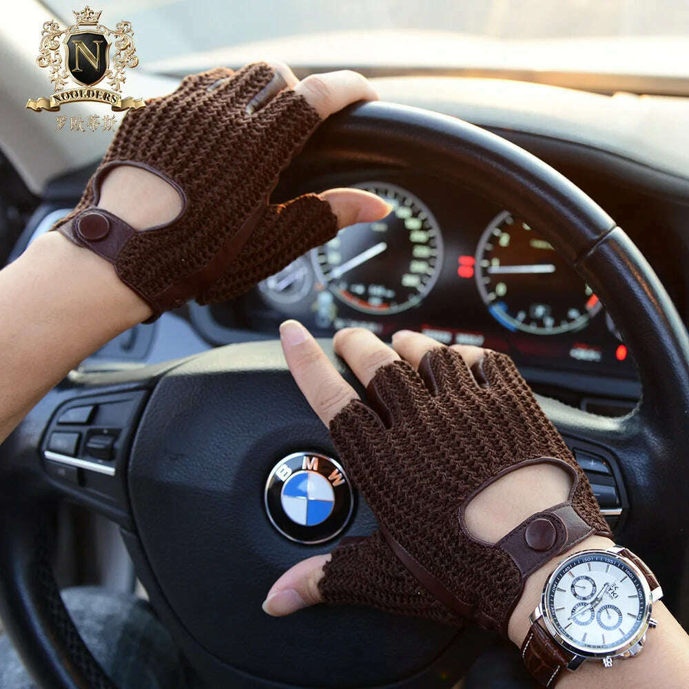 Latest Man Locomotive Half Finger Sheepskin Gloves Knitted + Leather Driving Gloves Male Semi-Finger Fitness Gloves M-61 - KIMLUD