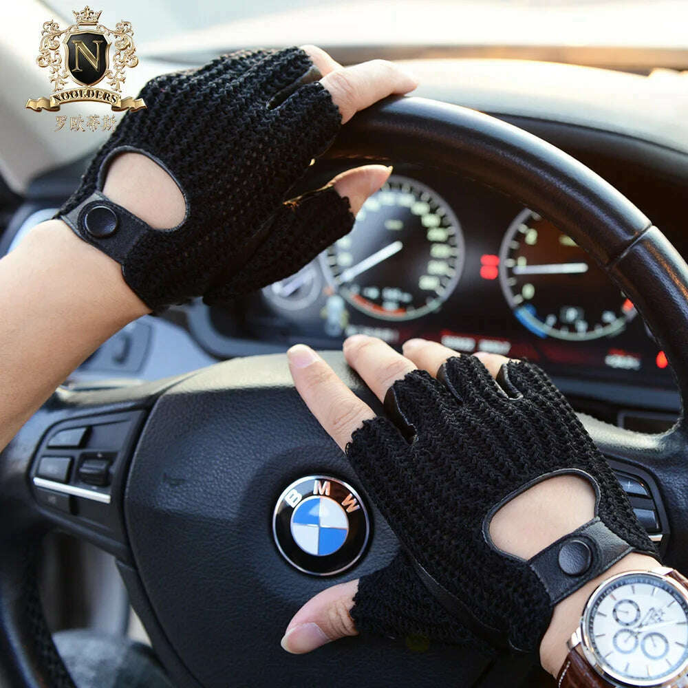 Latest Man Locomotive Half Finger Sheepskin Gloves Knitted + Leather Driving Gloves Male Semi-Finger Fitness Gloves M-61 - KIMLUD