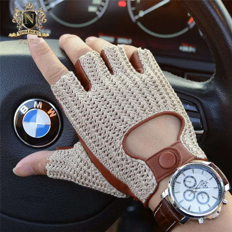Latest Man Locomotive Half Finger Sheepskin Gloves Knitted + Leather Driving Gloves Male Semi-Finger Fitness Gloves M-61 - KIMLUD