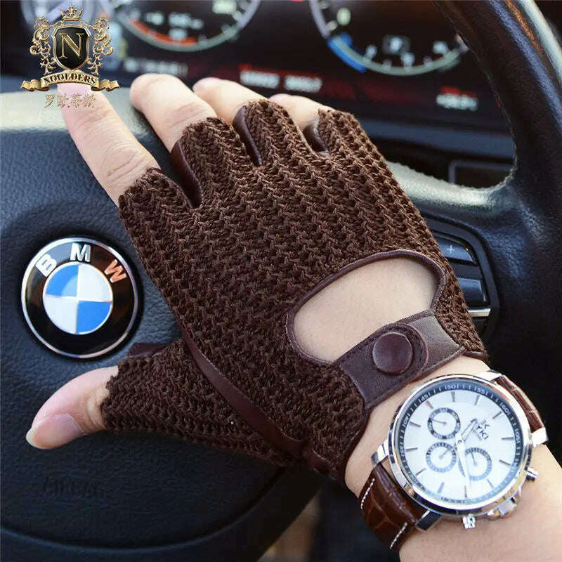 Latest Man Locomotive Half Finger Sheepskin Gloves Knitted + Leather Driving Gloves Male Semi-Finger Fitness Gloves M-61 - KIMLUD