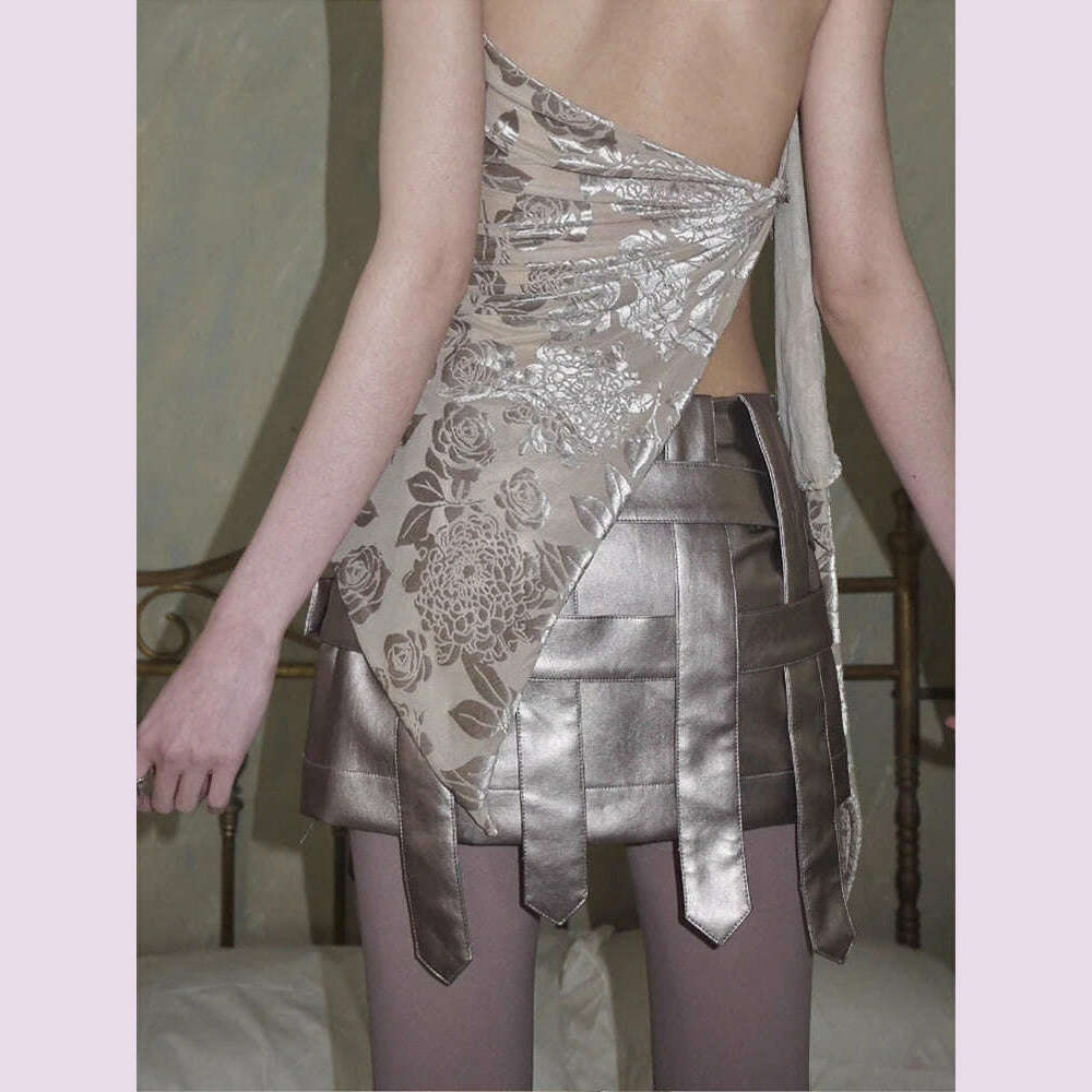 Lautaro Spring Autumn Cool Silver Pu Leather Mini Skirt Women Belt Low Waist Retro Sexy Luxury Designer Emo Gyaru Clothes 2023 - KIMLUD