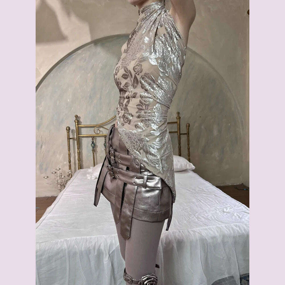 Lautaro Spring Autumn Cool Silver Pu Leather Mini Skirt Women Belt Low Waist Retro Sexy Luxury Designer Emo Gyaru Clothes 2023 - KIMLUD