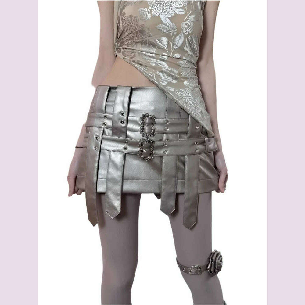 Lautaro Spring Autumn Cool Silver Pu Leather Mini Skirt Women Belt Low Waist Retro Sexy Luxury Designer Emo Gyaru Clothes 2023 - KIMLUD